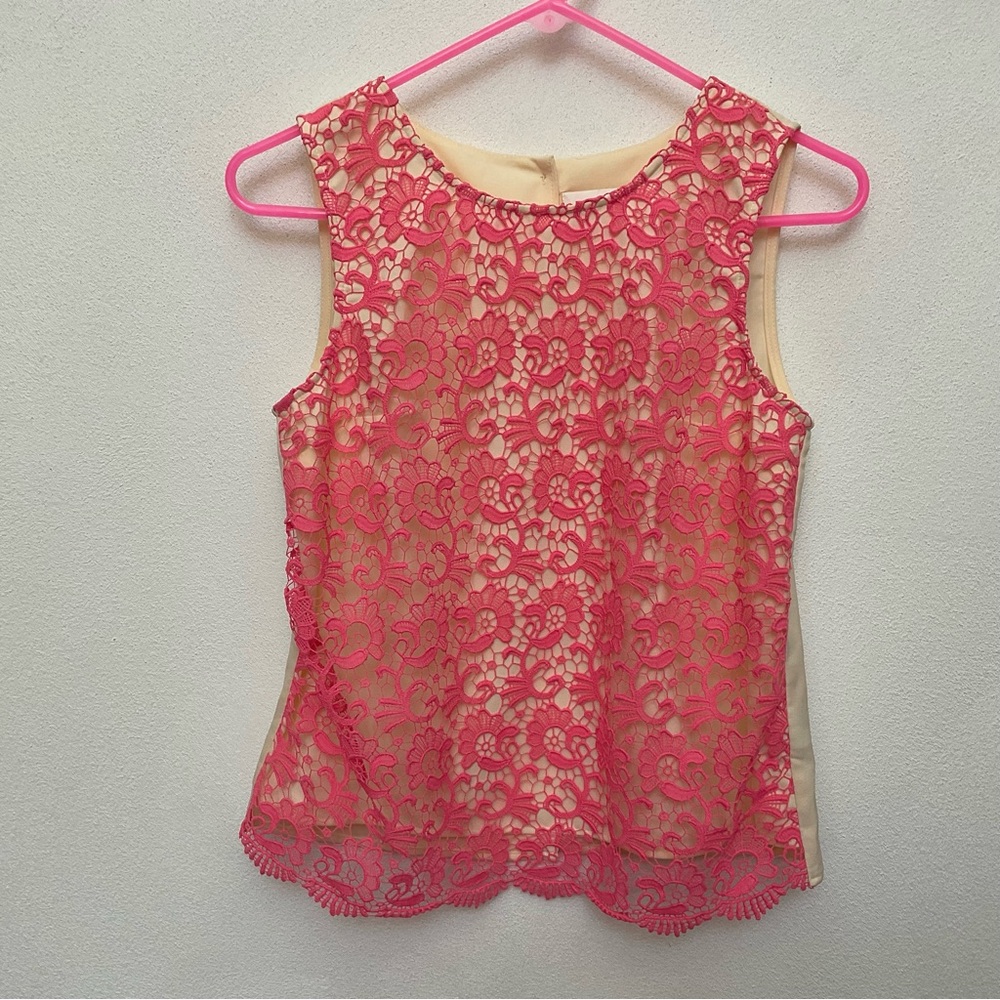MM Couture Cream, Pink Lace Back Button Sleeveless Top Size S Preppy Formal